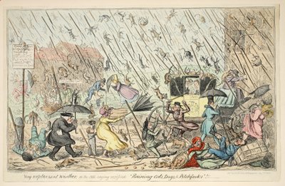 非常に不快な天気または昔のことわざ、「Raining Cats、Dogs and Pitchforks」を検証、トーマスマクリーン発行、ヘイマーケット26、1835年8月1日（手書きの彫刻） 作： George Cruikshank